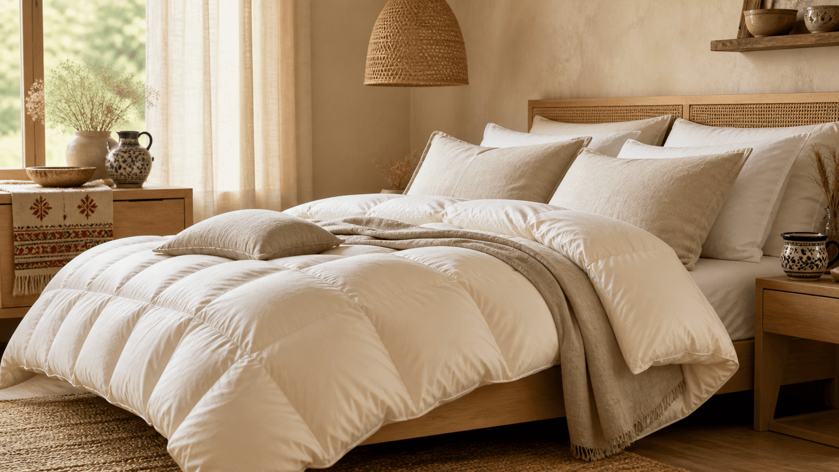 Lit chaleureux avec couette naturelle en duvet, linge clair et détails artisanaux polonais